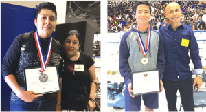 AWARD WINNERS: (l-r) 10th grader Juan Veliz with his mom, Maria Veliz. Veliz completed over 75 hours of service through after school snack sales on campus, park service, and various church events throughout the year. 11th grader Issac Edgar Barraza with his father, Edgar Barraza. Edgar completed his service at various events through his church during the school year. 
