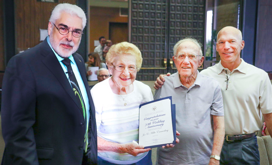 Mayor De Ruse joins La Mirada residents Joe and Millie Emmerling and their son Jim, also of La Mirada. The Emmerlings were recognized by the City Council for their 70th wedding anniversary at the August 23 City Council Meeting.